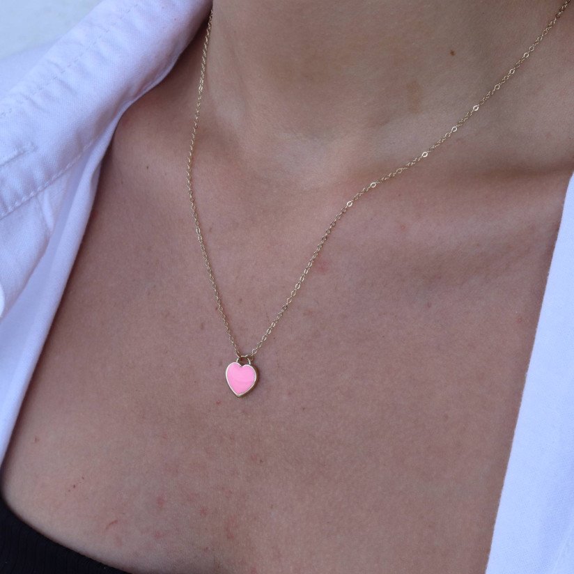 Pink enameled heart necklace
