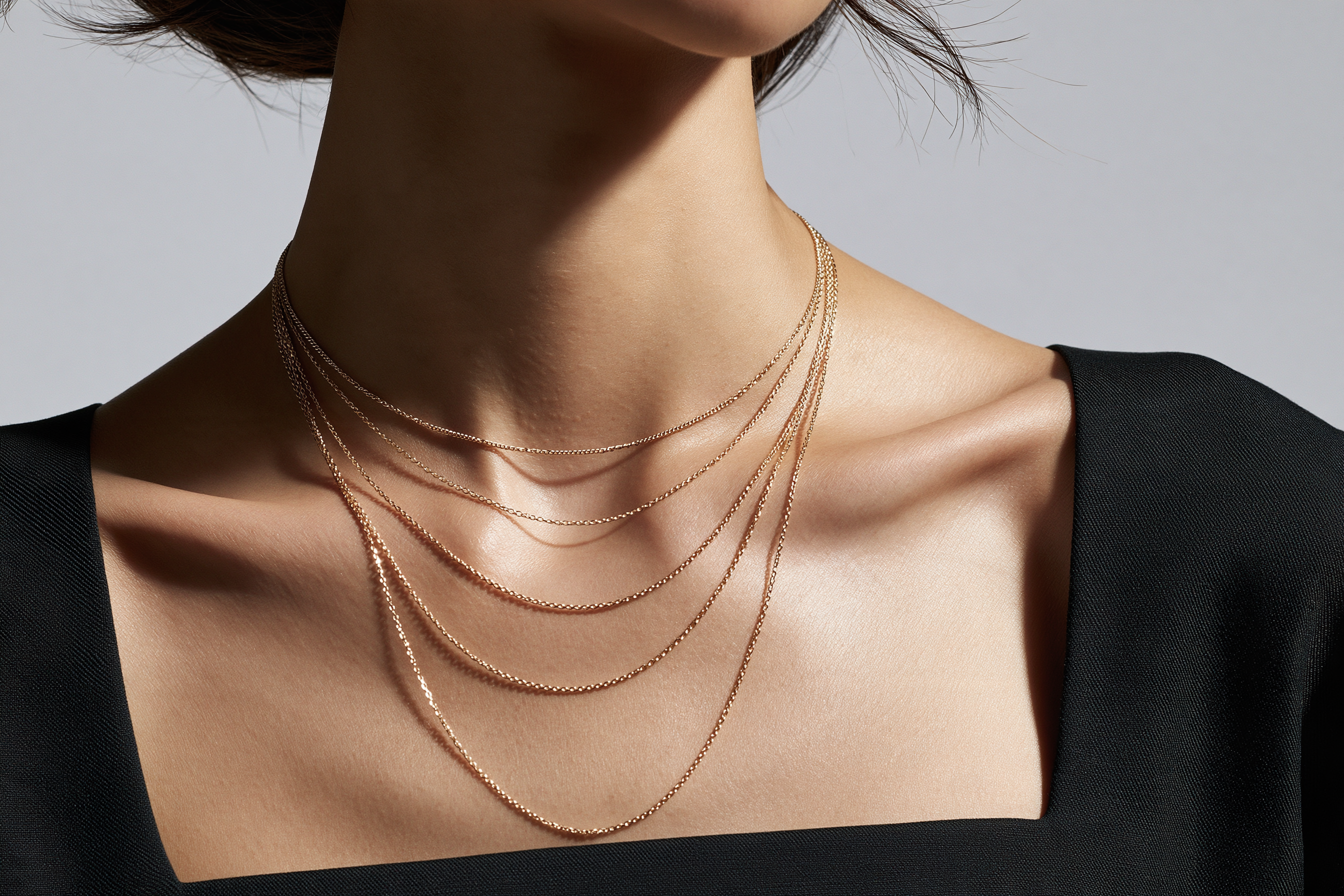 Comparing how short, 45 cm, 50 cm and longer gold necklaces sit on the neckline