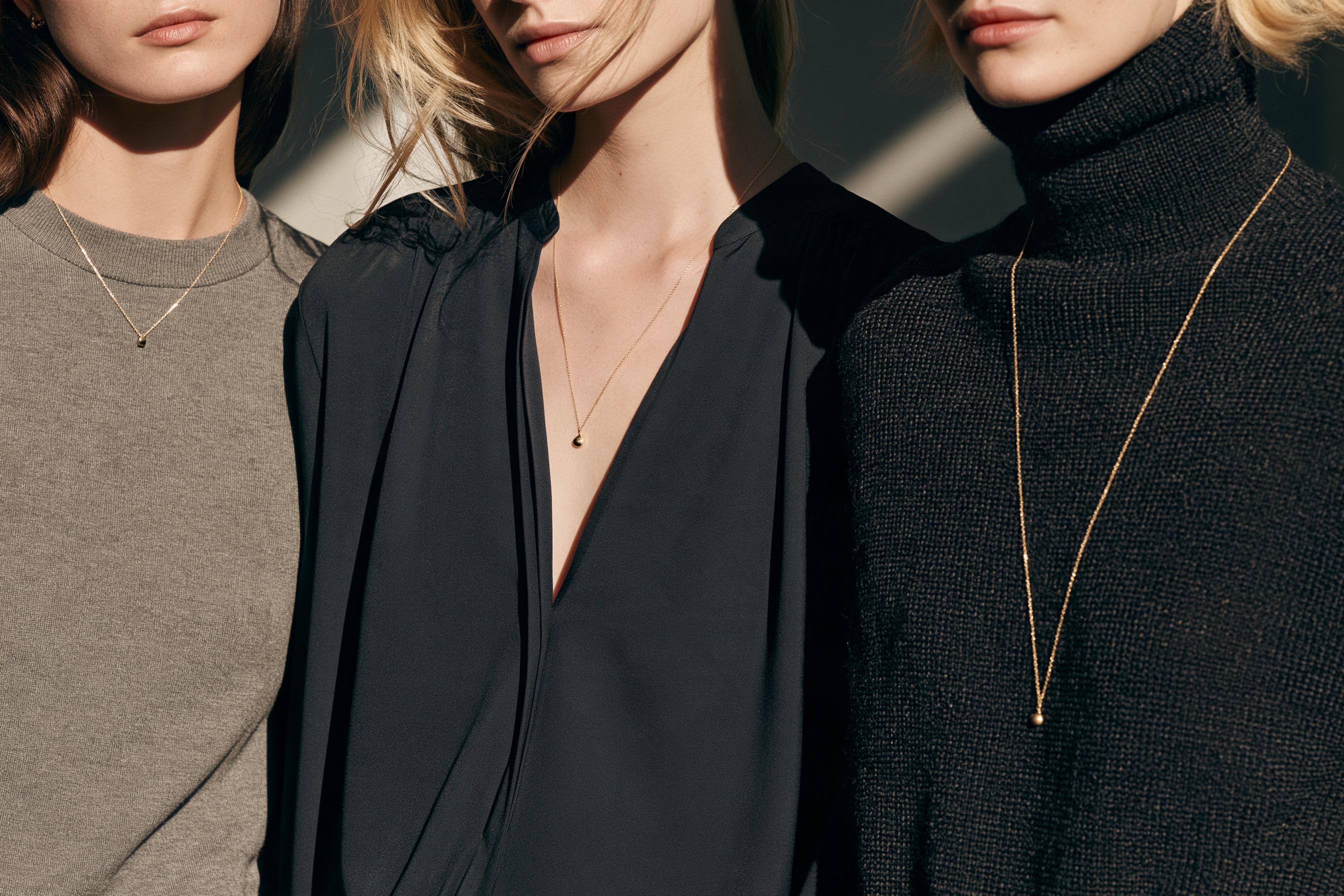 Different necklace lengths styled with crew neck, V-neck and high-neck clothing