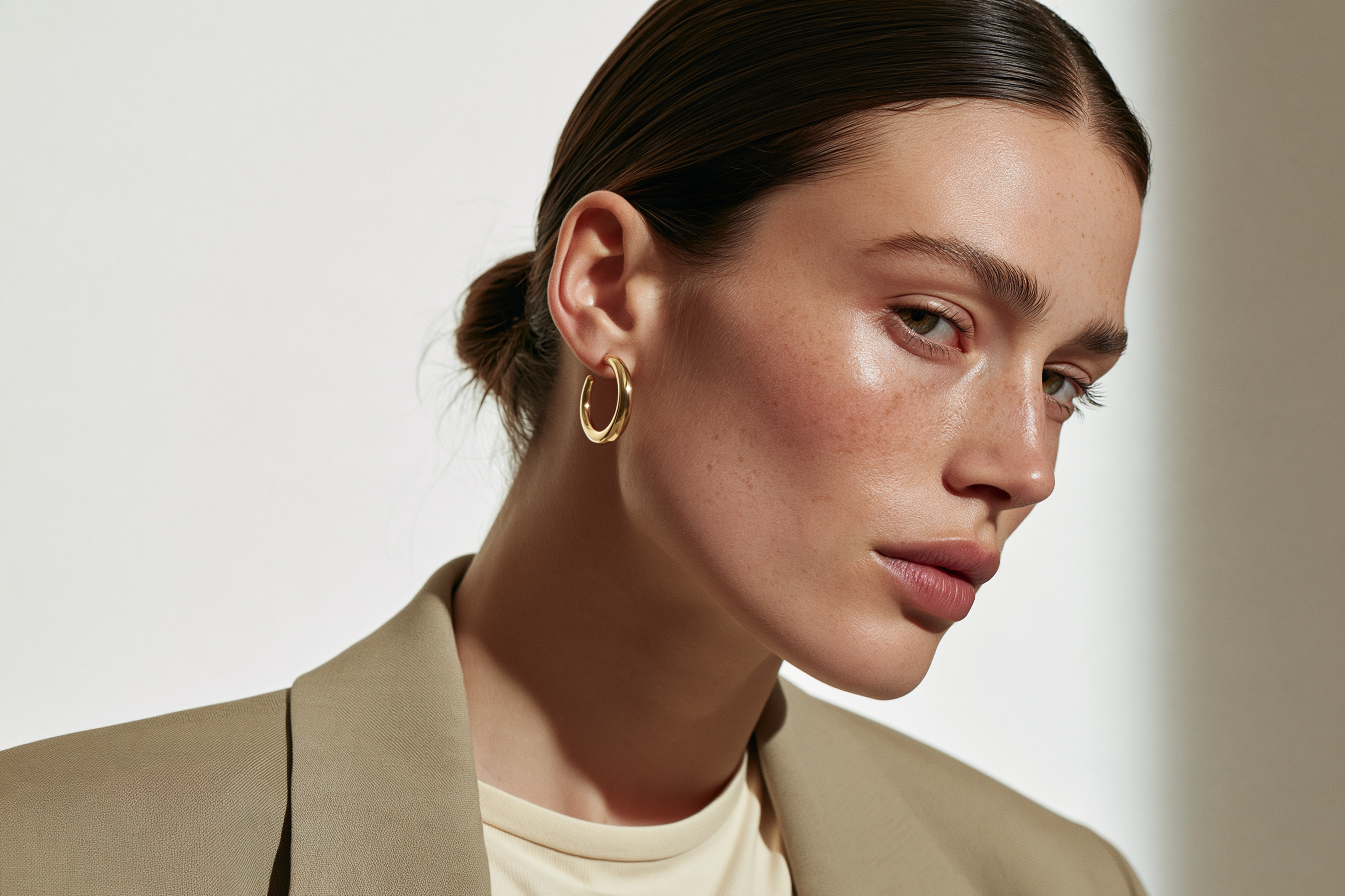 Small gold hoop earrings completing a clean girl look