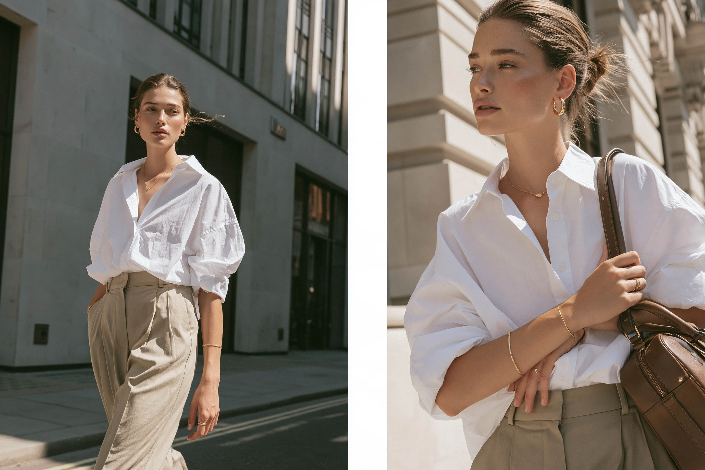 Everyday clean girl outfit with white shirt, minimal gold jewelry and neutral tones