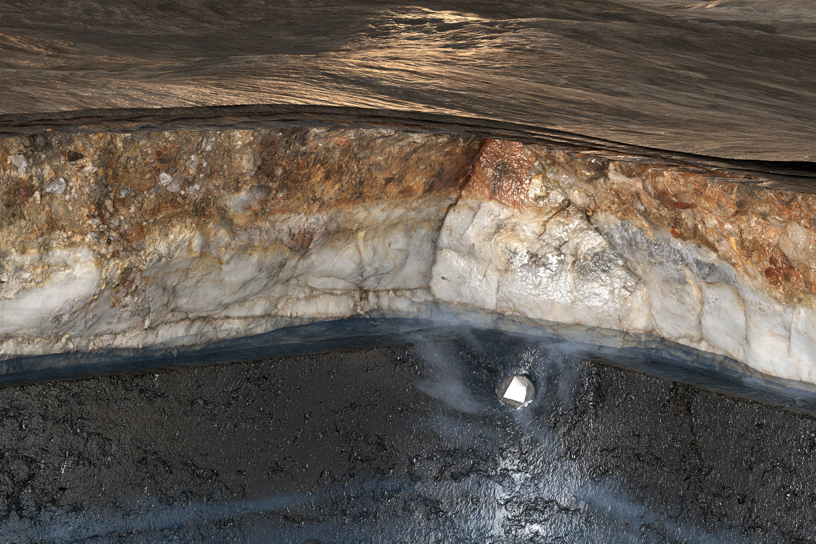 Cutaway view showing diamond formation under high pressure deep in the Earth's mantle