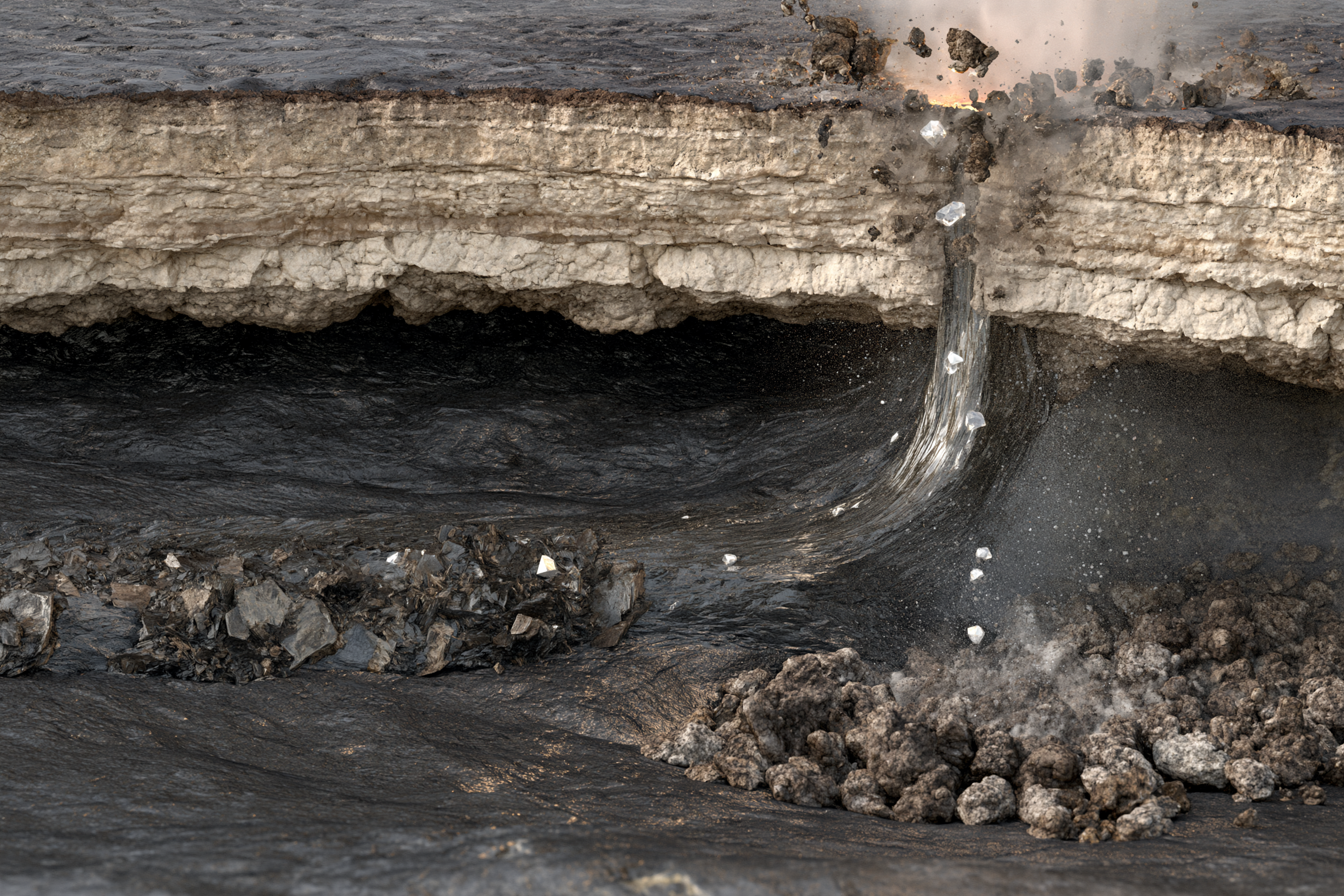 Cutaway of a kimberlite volcanic pipe transporting natural diamonds toward the surface