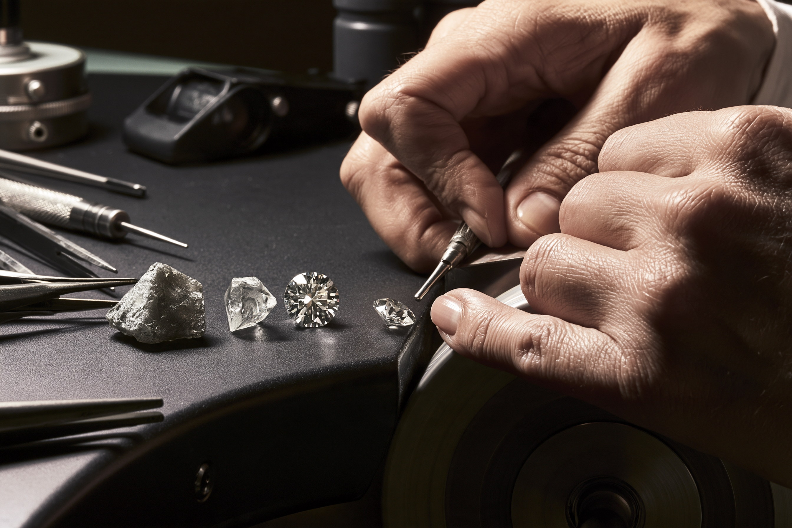 A rough natural diamond being transformed into a polished brilliant-cut diamond