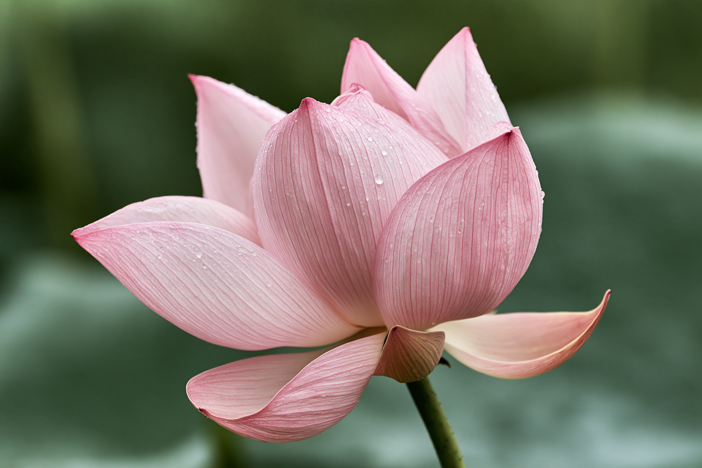 Pink sacred lotus flower rising above the water with water droplets on lotus leaves