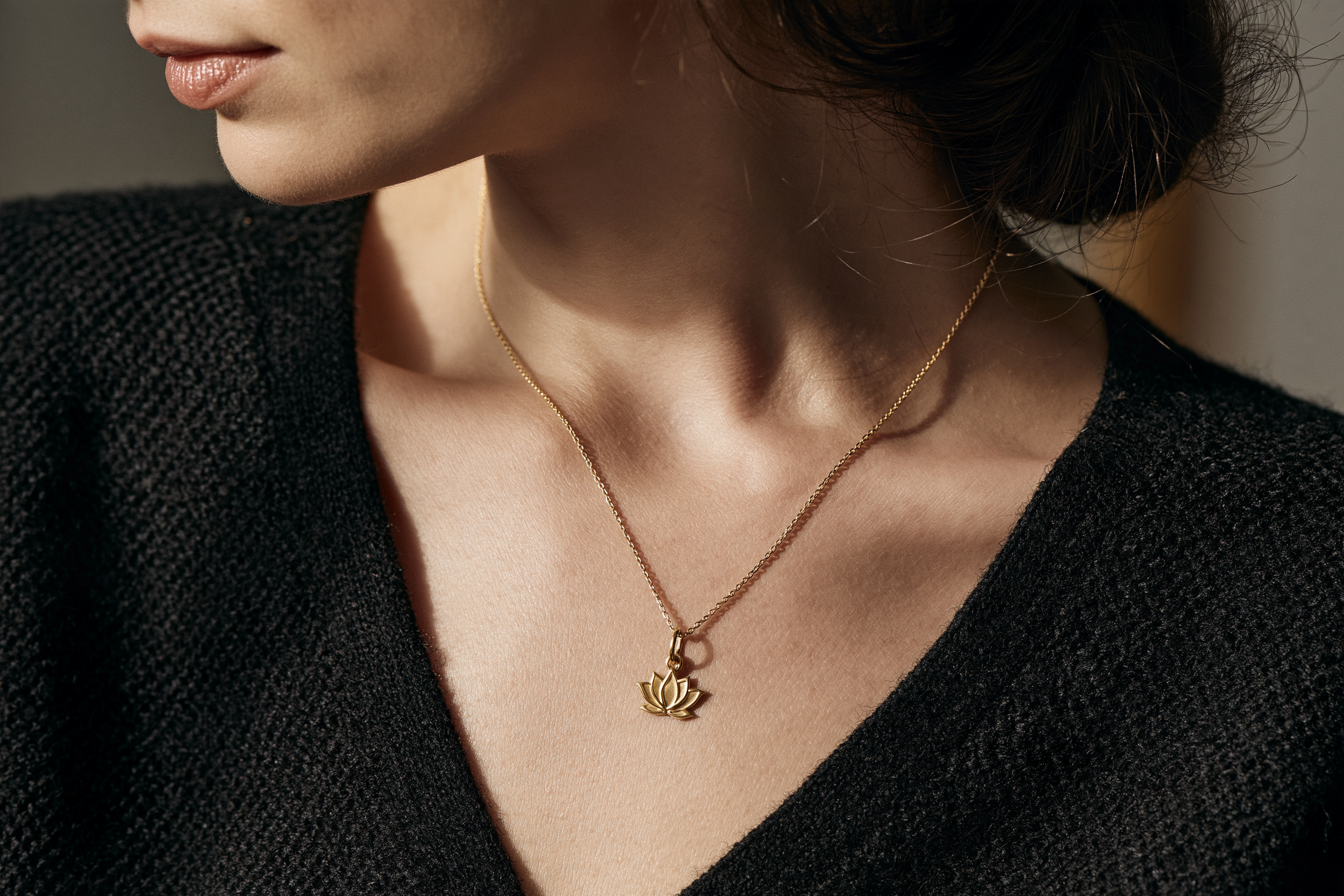 Minimal 14K gold lotus flower necklace styled with a black V-neck knit