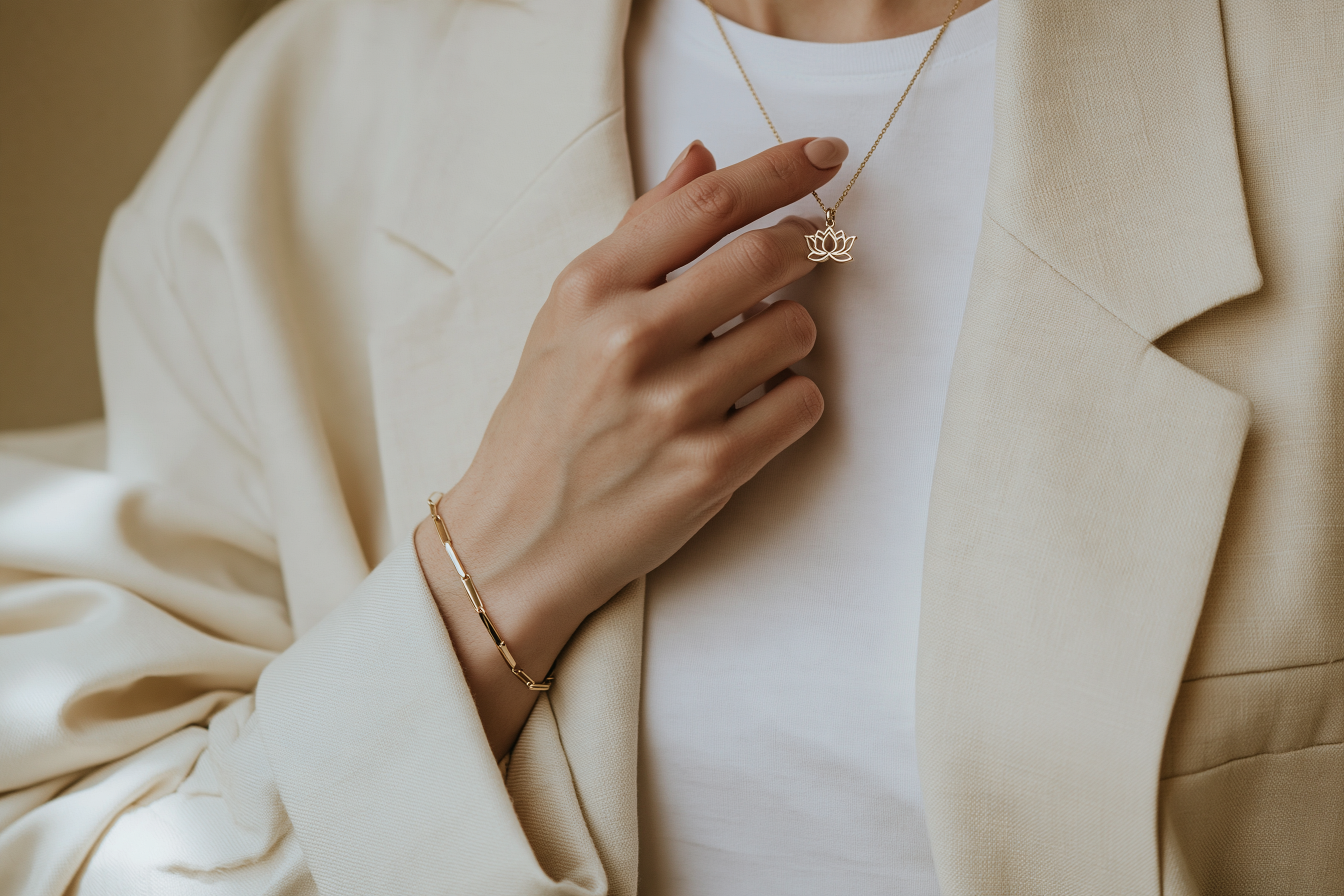 Gold lotus necklace and minimal gold bracelet styled with a cream jacket