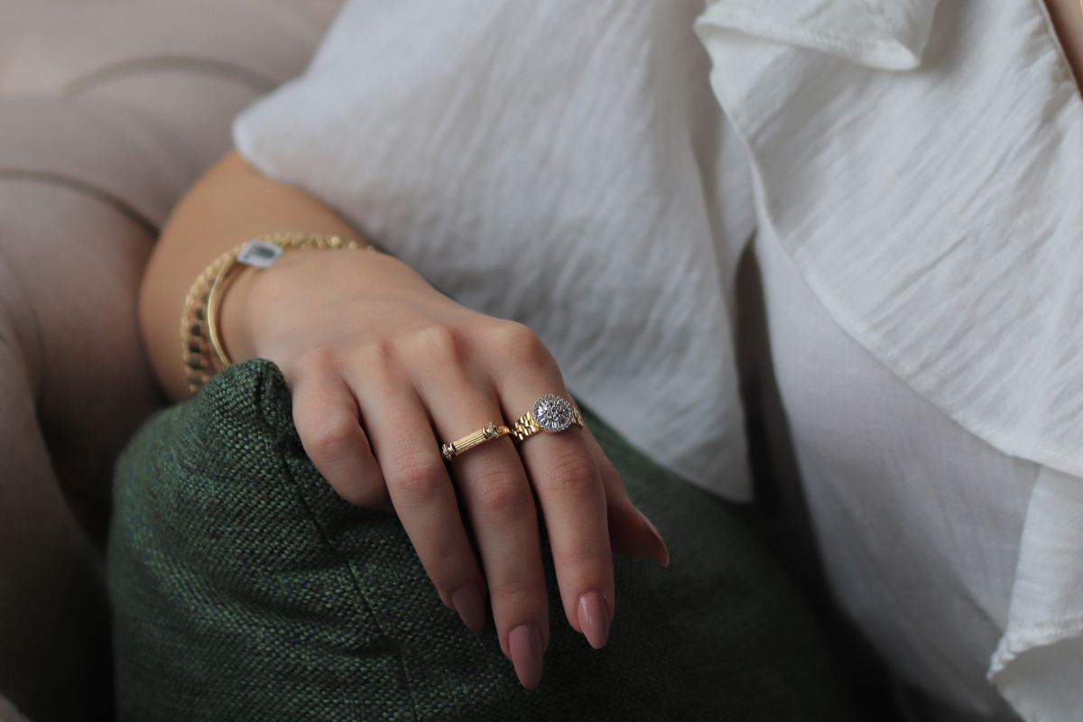 Wedding bands, necklace, bracelet, bangle and earrings selected for an engagement ceremony