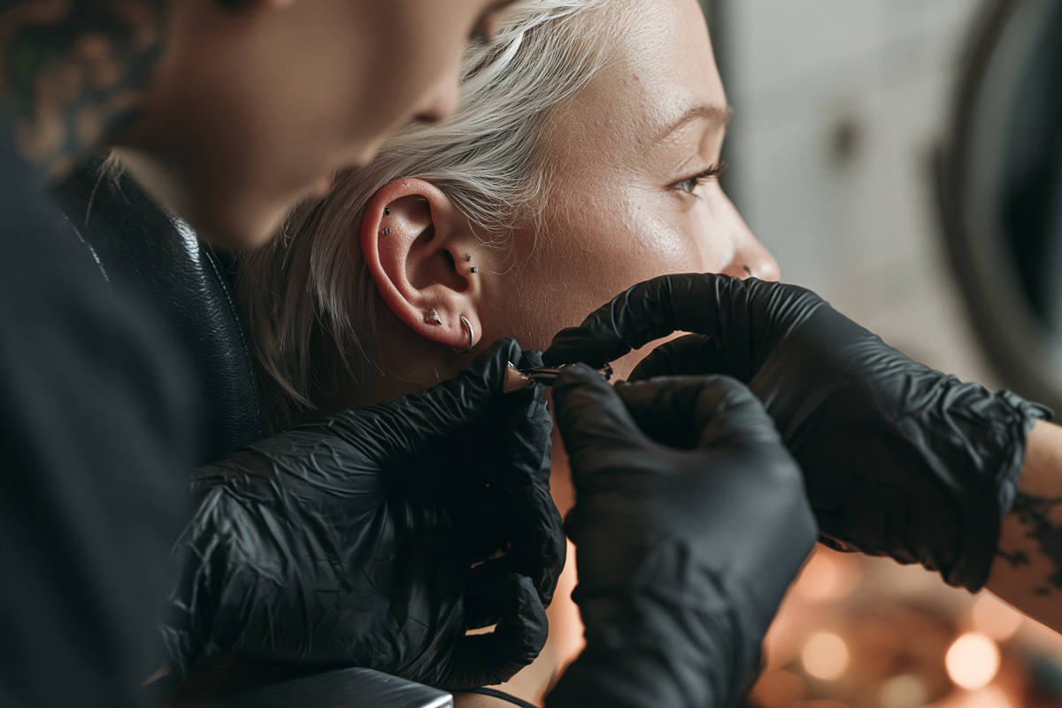 Piercing takısını profesyonel destekle değiştiren kişi