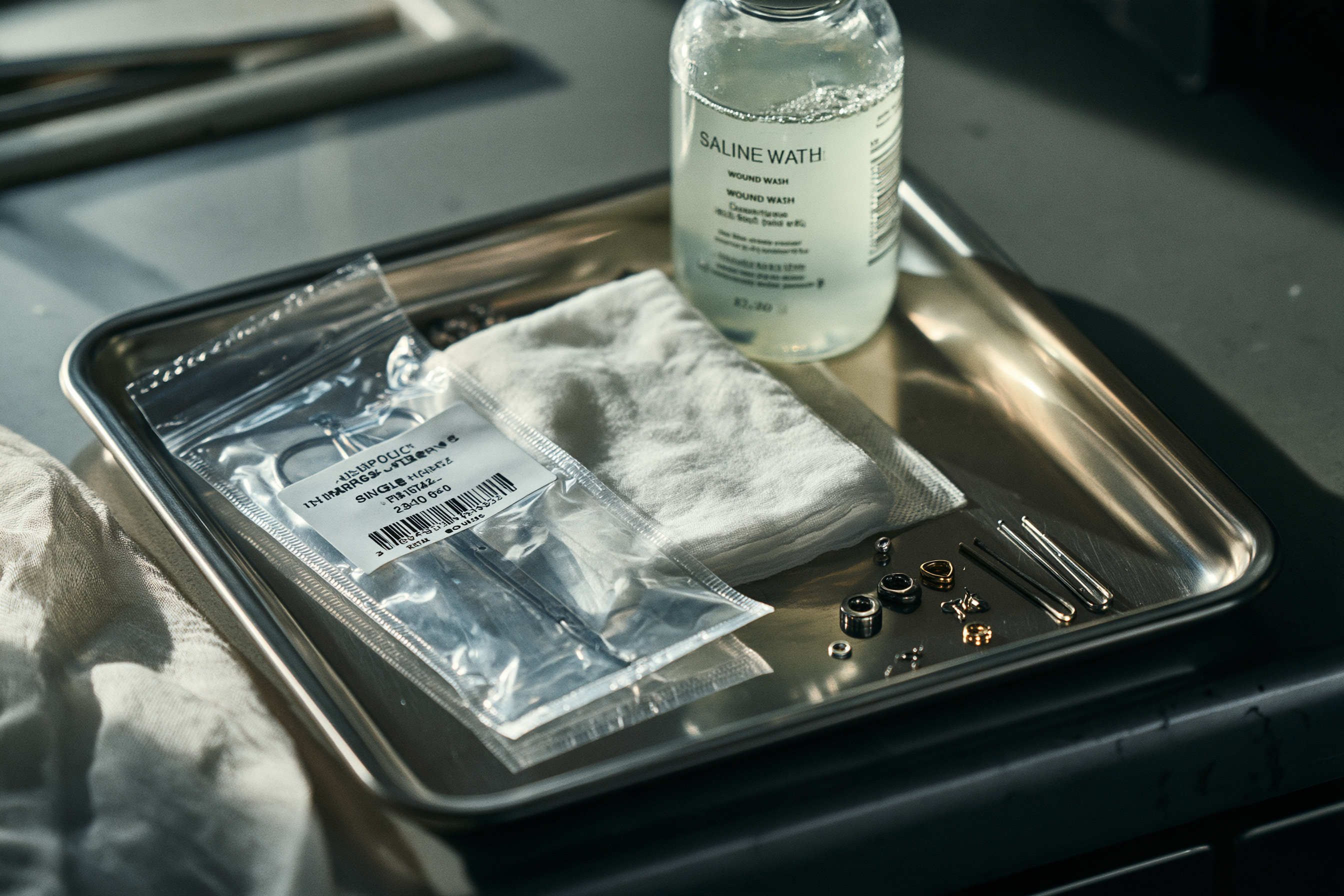 Sterile equipment and suitable initial jewelry used for a professional piercing